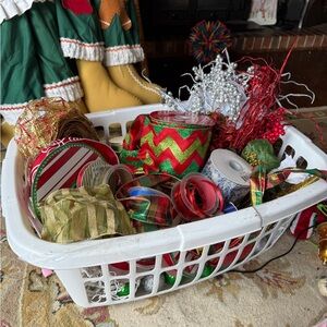 Large Laundry Basket Full Festive Ribbon, Lights, Christmas Decoration Set